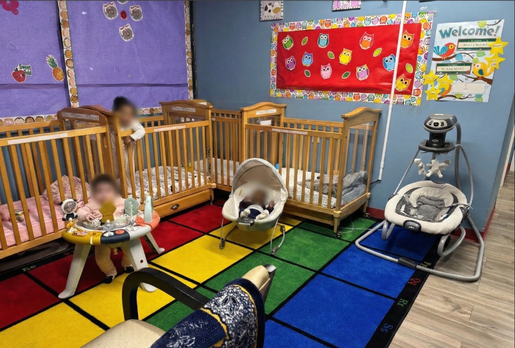 Safe infant sleep area with cribs