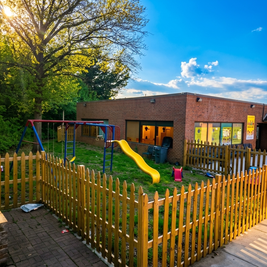 Fenced outdoor play area with slide