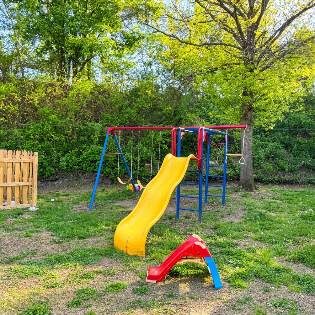 Outdoor play area with slide and swings